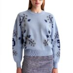 Maglia Donna Jacquard Foglie Denim Sbiadito V441-0