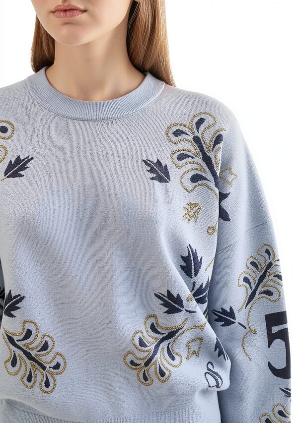 Maglia Donna Jacquard Foglie Denim Sbiadito V441-2