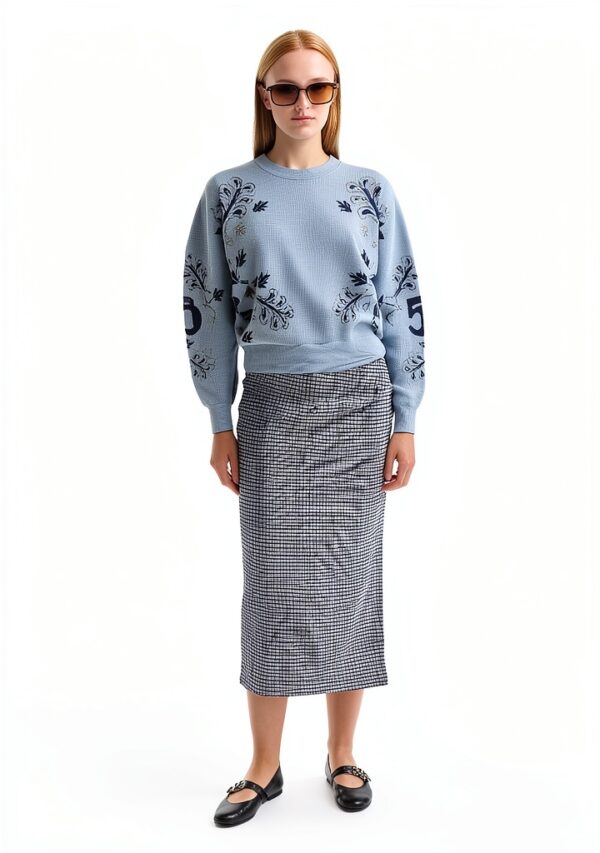 Maglia Donna Jacquard Foglie Denim Sbiadito V441-6