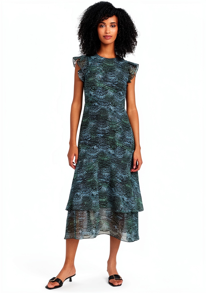 'Scotch Soda abito midi donna in chiffon con balze e stampa piuma'