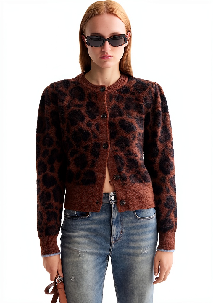 'Cardigan Scotch Soda jacquard fuzzy indossato in un ambiente casual'