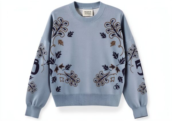 Maglia Donna Jacquard Foglie Denim Sbiadito V441-3
