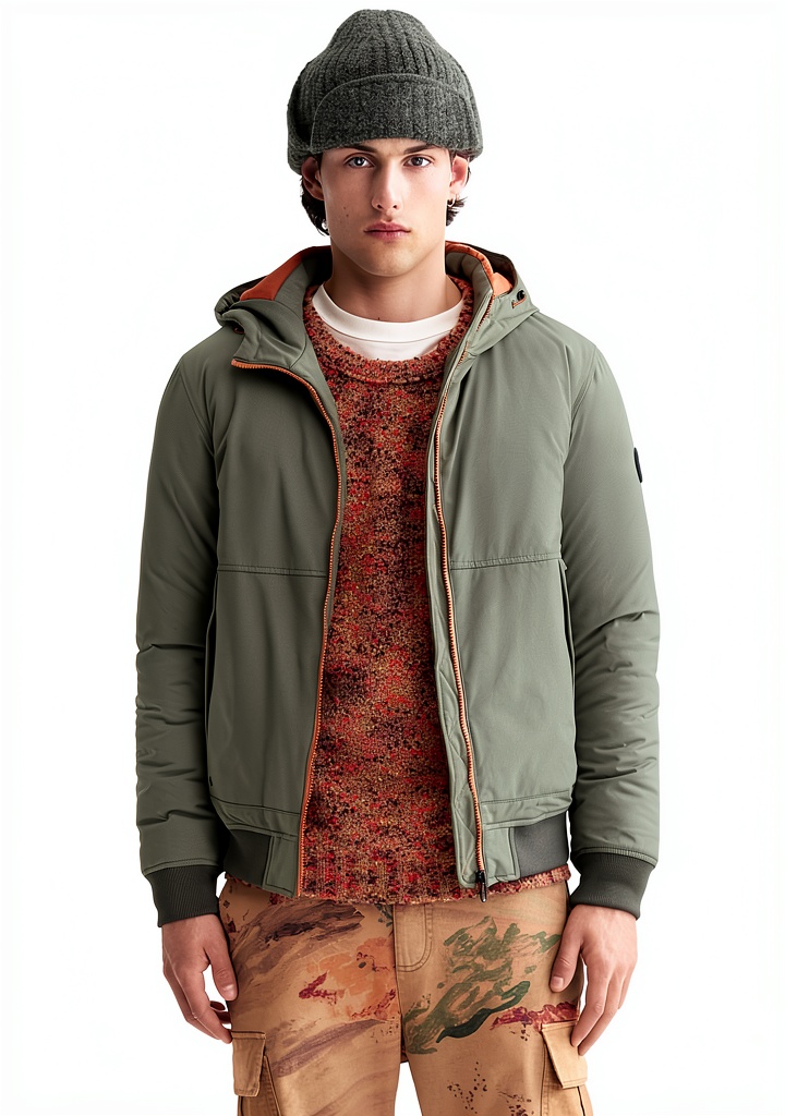 Uomo che indossa giacca softshell Scotch Soda in ambiente urbano durante pioggia leggera