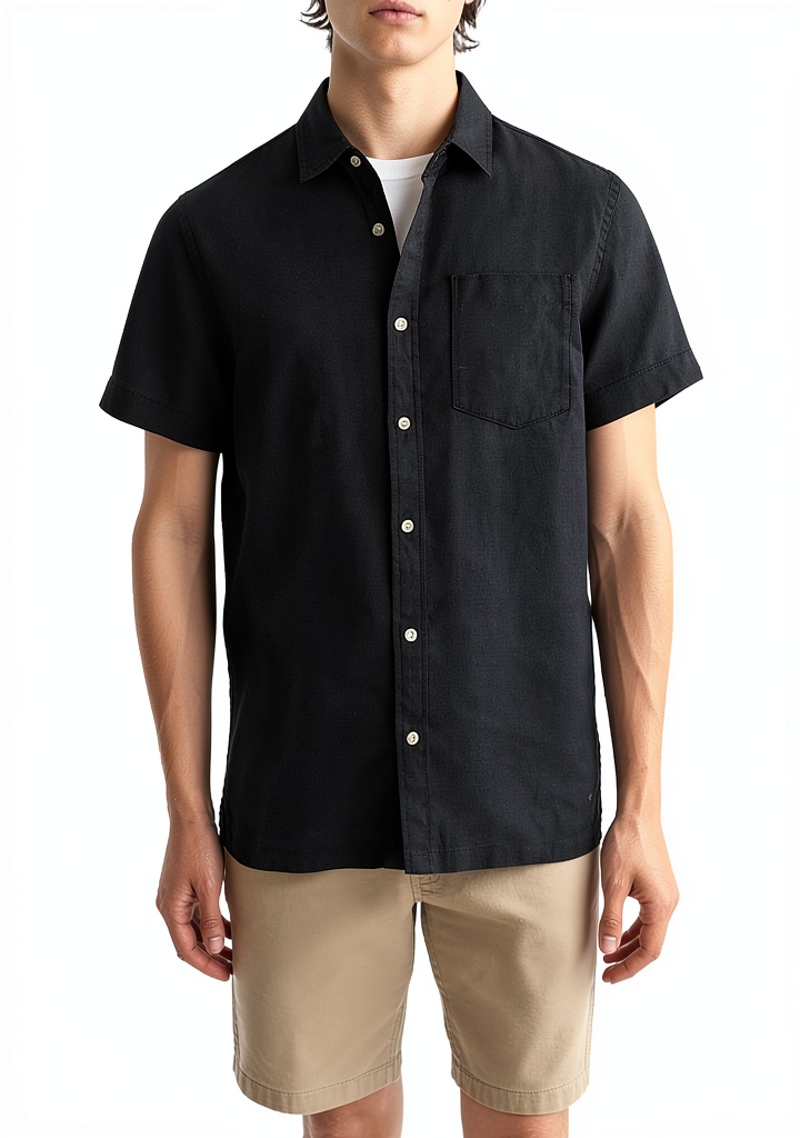 'Scotch Soda Linen Shirt in Nero color on model'