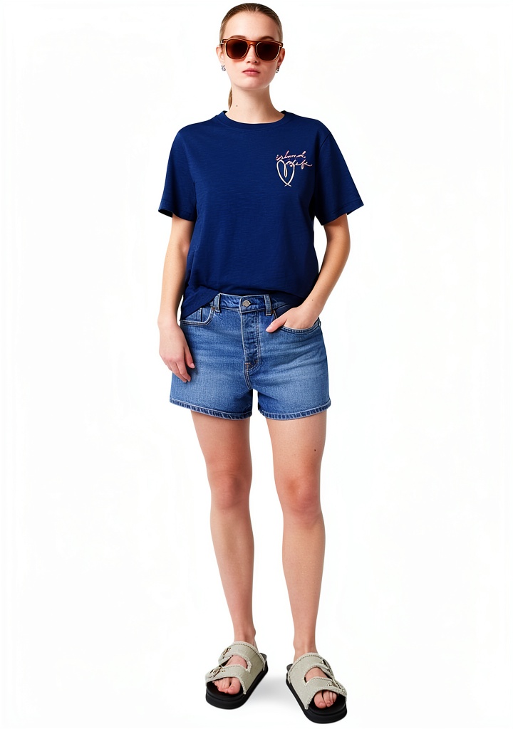 Scotch Soda T-Shirt Donna Ricamo Cotone Atlantic Blue mostra dettaglio ricamo artistico su sfondo lifestyle