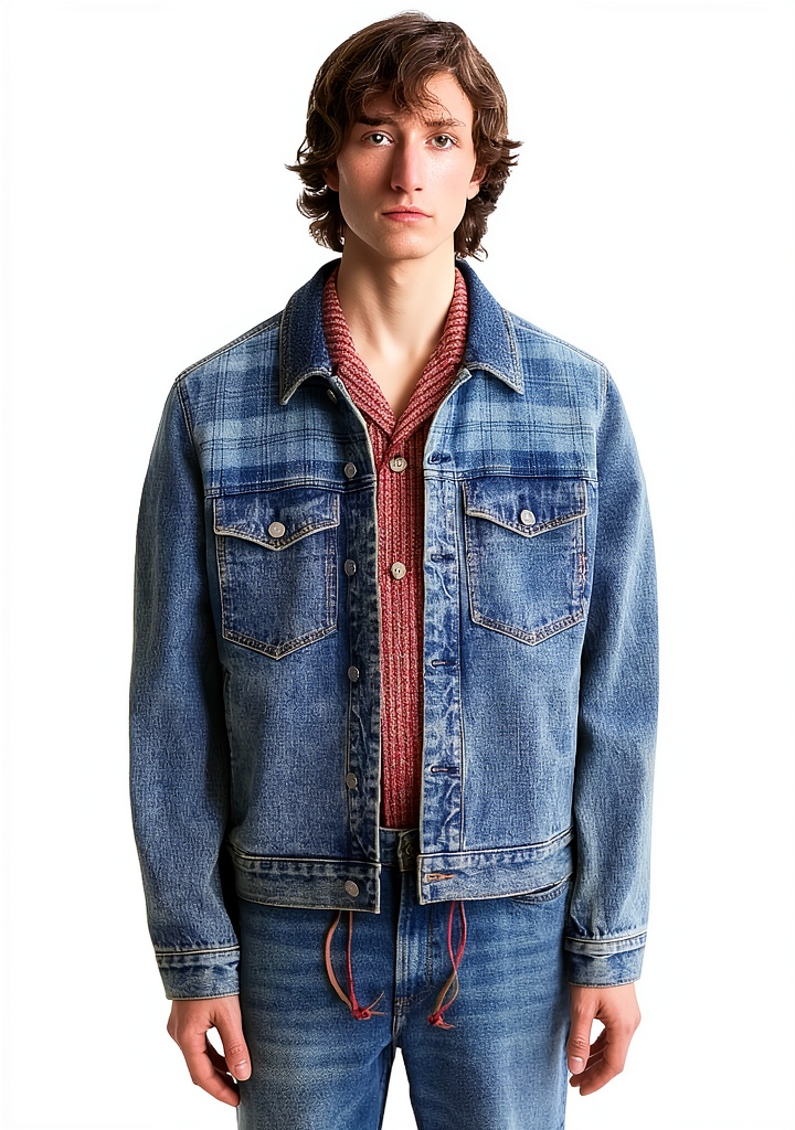 Giacca denim SCOTCH SODA con panelling contrasto check indossata da uomo
